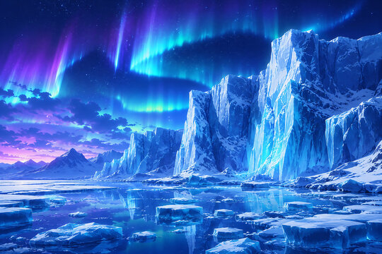 Magical aurora borealis glowing over frozen icebergs and glacier valley at night