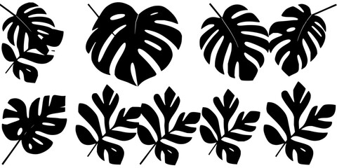 Fototapeta premium Monstera leaf set with six black silhouettes arranged in a symmetrical grid on a white background featuring botanical, vector, minimalist design with flat lighting and modern aesthetic