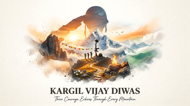 Kargil vijay diwas tribute illustration with mountain soldiers with digital tribute graphic with mountain ridge sunset