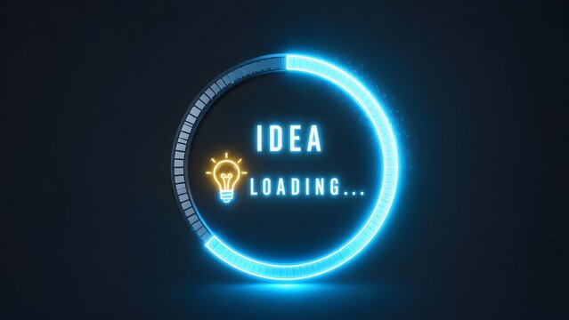 Glowing blue progress bar with idea loading text and lightbulb icon. Concept of business startup development, project planning, and digital strategy.
