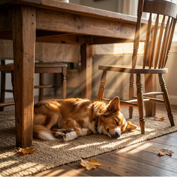 dog sleeping under a table with sunlight rays passing through a chair 