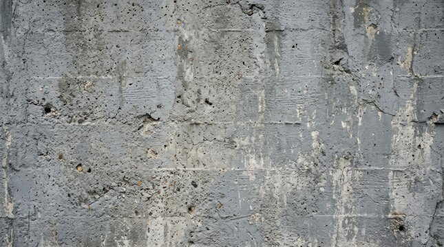 A weathered concrete wall presents a rough, textured surface. The gray concrete exhibits numerous small holes and cracks, suggesting age and exposure to the elements.