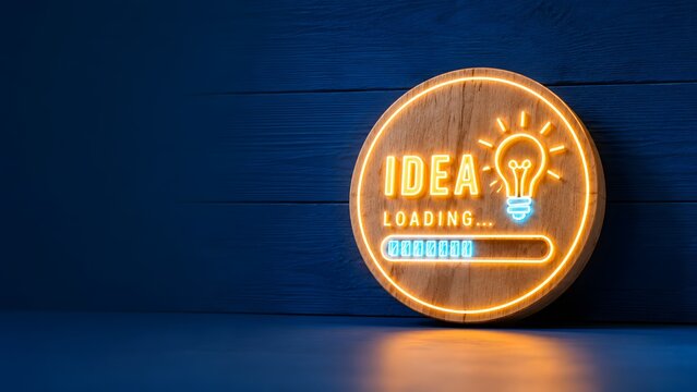 Wooden board with glowing idea loading text and neon lightbulb icon. Concept of startup business development, project planning, and digital strategy.