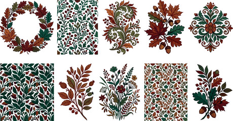 Autumn Floral and Botanical Vector Element Set Featuring Seamless Patterns, Wreaths, Maple Leaves, and Acorns for Vintage Thanksgiving and Holiday Designs © EdGe Creative