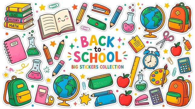 Back to school supplies collection colorful hand drawn stickers for education learning and classroom decorations