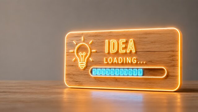 Glowing neon idea loading sign with lightbulb icon on wooden board. Concept of digital innovation, startup strategy, and business development.