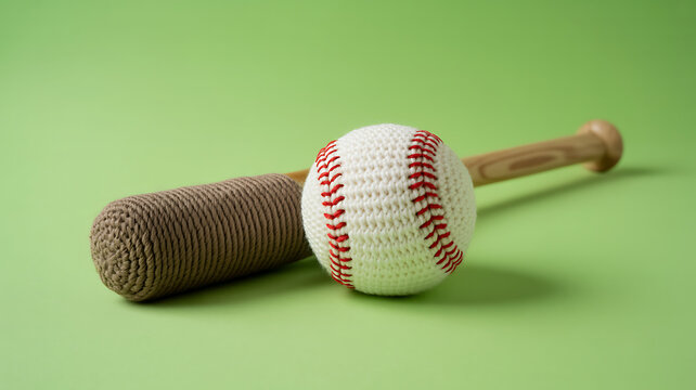 Crochet baseball and bat on green background, yarn