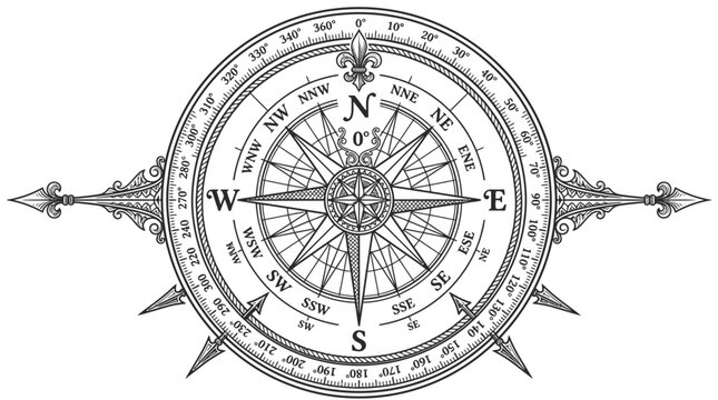 Vintage nautical compass rose illustration with decorative elements on a white background.