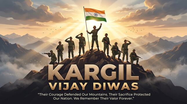 Indian soldiers on mountain peak celebrating kargil vijay diwas with soldier holding indian depicts group indian Celebration Nationalism Patriotism