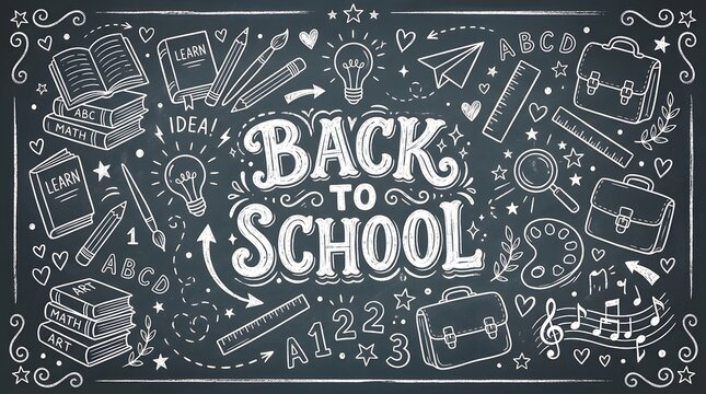 Back to school supplies chalkboard illustration education learning and stationery for academic year
