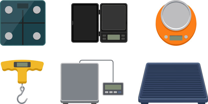 Digital weighing scale vector icon set featuring flat smart bathroom kitchen pocket luggage parcel and electronic laboratory balances for modern measurement tool graphics