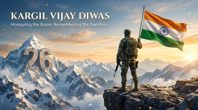 Celebrating kargil vijay diwas, Soldier standing on mountain peak holding flag with text overlay against sunset sky with mountains text background flag rocky commemoration with patriotism