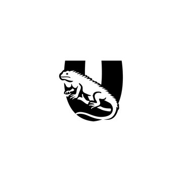Distinct monochrome vector logo of an iguana merged with an alphabet letter U, suitable for wildlife branding, creative identity, emblem, and modern logo design.
