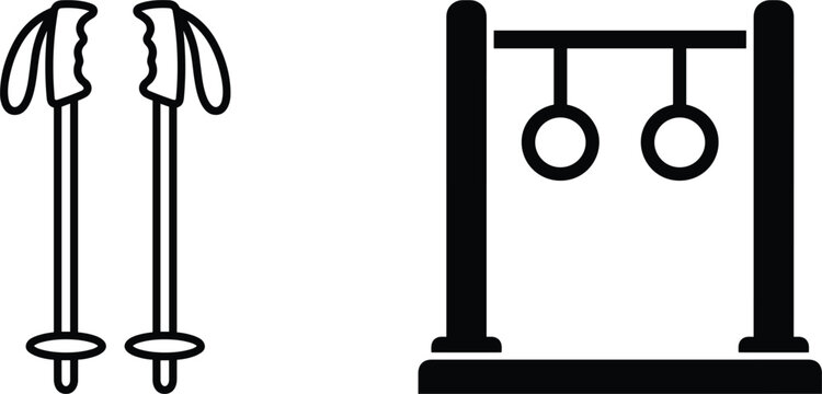 Ski poles and hiking trekking sticks line art icon alongside gymnastic rings hanging on a workout pull up frame silhouette symbol isolated on white background for training..eps