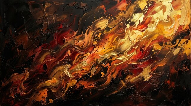 A dramatic abstract painting depicts a turbulent inferno of fiery colors. Thick, textured brushstrokes create a sense of chaotic movement and intense heat.