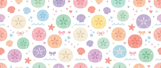 Cute Pastel Beach Pattern with Sand Dollars, Shells, Stars, and Hearts © siti