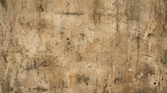 A close-up shot of a weathered concrete wall. The surface exhibits a heavily textured appearance with numerous cracks, stains, and patches of discoloration.