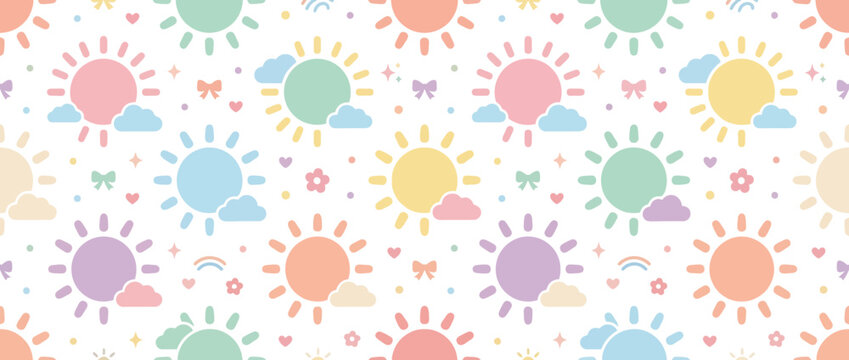 Seamless Pattern Cute Pastel Sun Clouds Rainbows Bows Flowers Stars