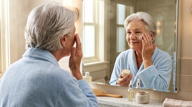 Elderly woman applying face cream in front of a bathroom mirror
