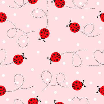 Adorable ladybird seamless pattern featuring bugs and white dots. Charming pink vector print ideal for kids' textiles, spring backgrounds, or nursery decor.