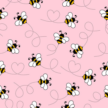 Cute flying bees with dotted lines seamless pattern. Vector illustration on pink background.