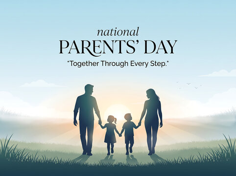 National parents day greeting card illustration featuring a silhouette of a family walking together holding hands in a field with field against sunrise