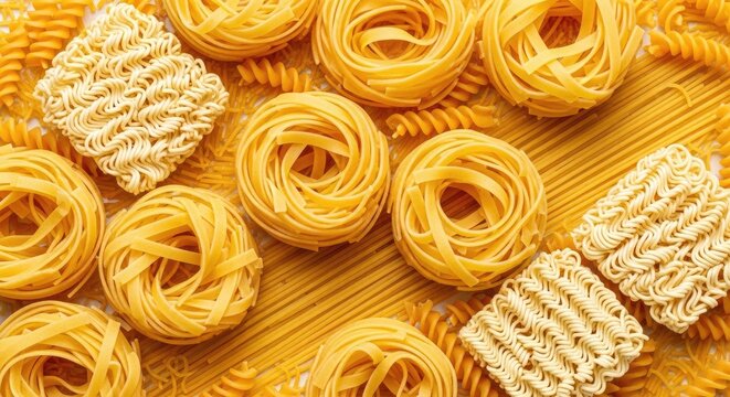 A vibrant assortment of various types of golden-yellow pasta is arranged on a dark surface. The pasta shapes include spaghetti, fusilli, rotini, penne, and ramen noodles.