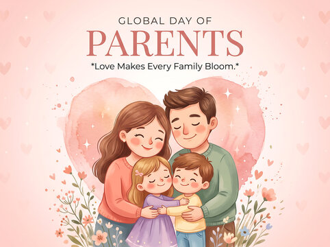 Watercolor illustration of a happy family of four hugging on the global day of parents with flowers with surrounded flowers hearts pink background