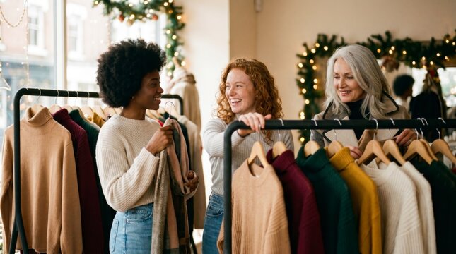 Diverse women browsing knitwear on clothing rack in festive boutique at Christmas