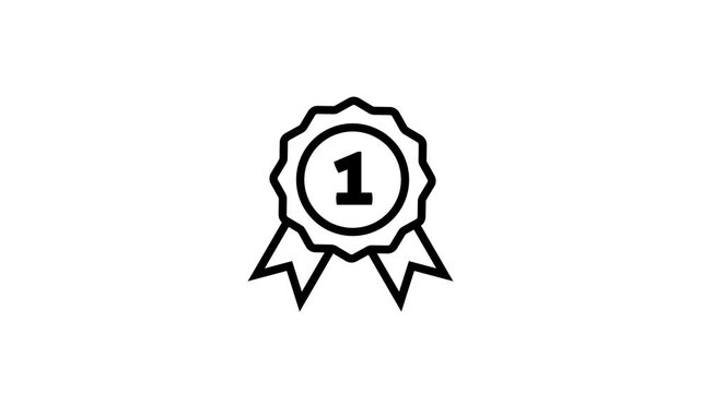 Animated black line icon of a first place award medal ribbon for success and winning achievement