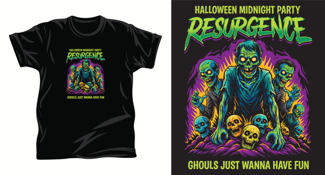 Halloween midnight party resurgence poster design with group of zombies and colorful skulls graphic.