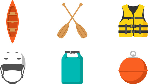 Kayaking and canoeing equipment vector illustration set featuring orange kayak wooden paddles life jacket safety helmet waterproof dry bag and mooring buoy