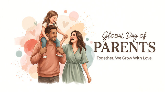 Happy family illustration with father carrying daughter on shoulders and smiling mother for parents day greeting card template with child shoulders
