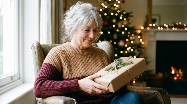 Serene mature woman holding wrapped gift by Christmas tree in cozy living room