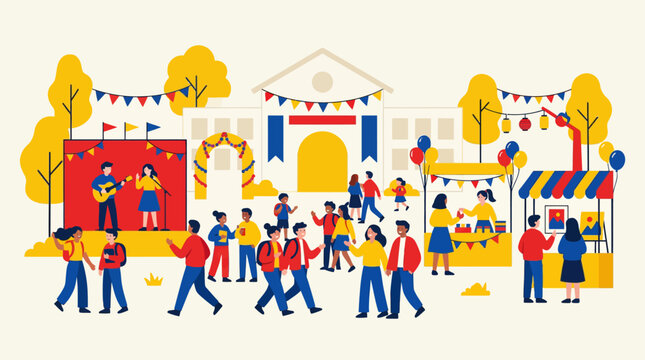 Busy university campus festival with student crowds.