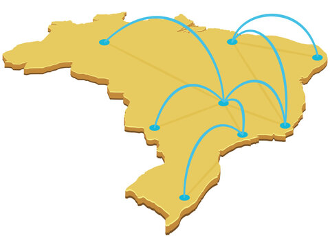 3D isometric map of Brazil with blue communication lines representing regional trade routes, data network, internal flights, and domestic transportation logistics (cut out)