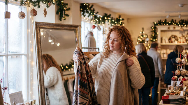 Redhead woman choosing clothes by mirror in festive decorated Christmas boutique