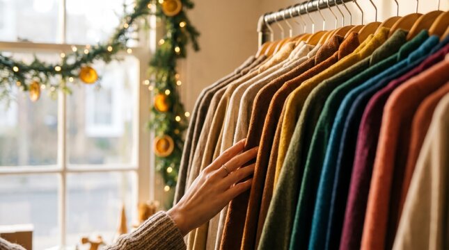 Woman hand browsing colorful wool sweaters on rack in festive Christmas shop