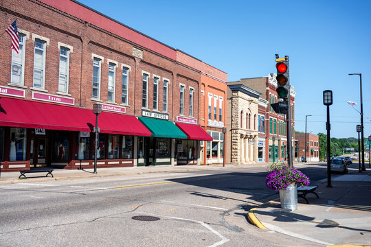 Chippewa Falls, WI, USA - Jul 12, 2026: Historic downtown with local businesses on a sunny summer day. Editorial Use Only.