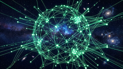 Fototapeta premium Abstract glowing green neural network with blue particles and bright light rays in space