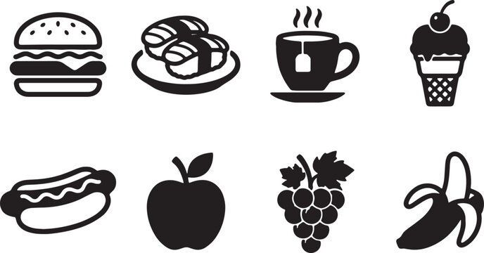Collection of black food and drink icons including hamburger sushi and fruit