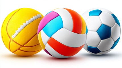 Obraz premium Three vibrant sports balls are displayed together, each representing a different game. The yellow one is for tennis, the multicolored one for volleyball, and the classic design is for soccer