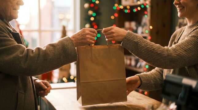 Shopkeeper handing paper bag to customer in festive Christmas gift store
