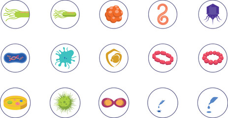 Fototapeta premium Microbiology and Virology Circle Icon Set Featuring Scientific Diagrams of Bacteria Viruses Parasites Helminths Pathogens and Laboratory Petri Dish Cultures