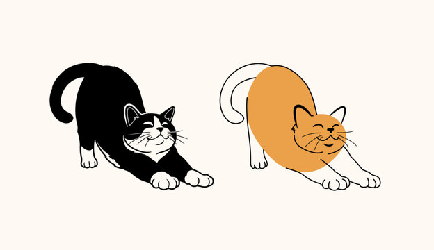 Cute Black and Orange Cats Stretching Vector Illustration Set Isolated on White Background