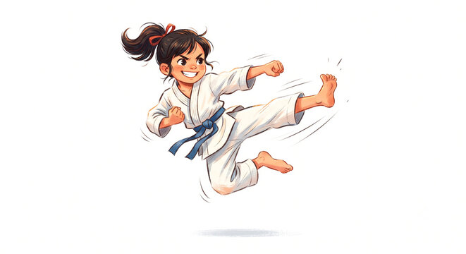 Cute Asian girl athlete jumping and performing a karate kick, white background