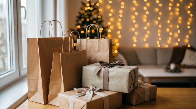 Kraft paper shopping bags and wrapped gifts by Christmas tree in cozy home
