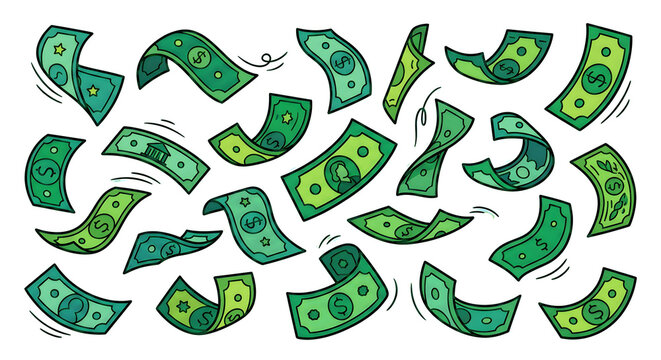 Set of flying cartoon money bank notes vector illustration, generative AI