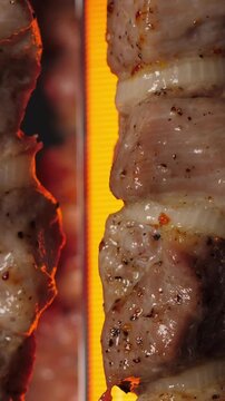 Cooking pork in electrical barbecue. Rotating meat on skewers. Vertical footage