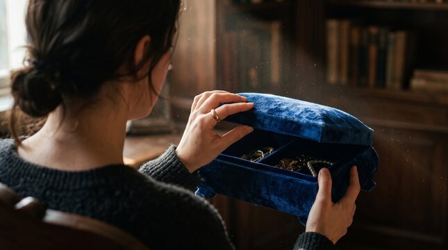 Woman in a dimly lit room gently holding a luxurious blue velvet jewelry box, illuminated by a sliver of natural light.